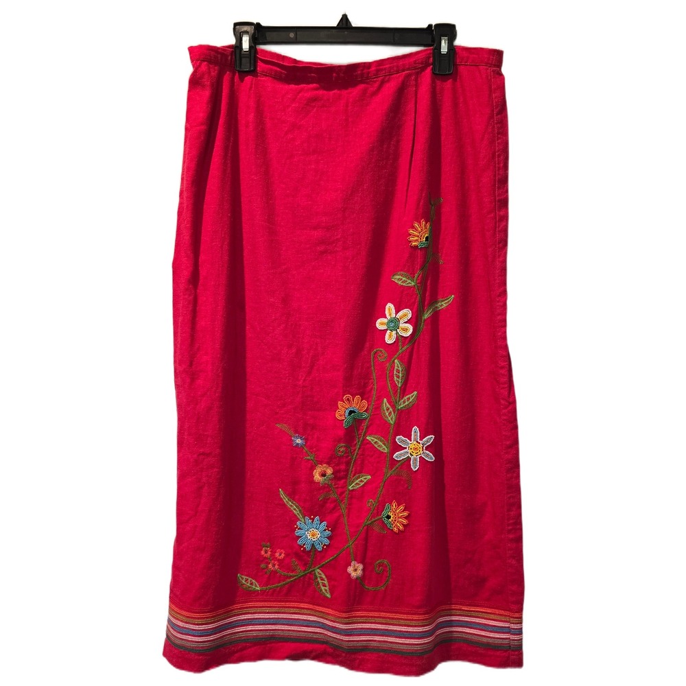 Hearts of Palm Linen Skirt‎ Embroidered Beaded Floral Butterfly Red Midi Size 16